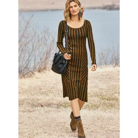 Peruvian Connection Dresses & Skirts - Peruvian Connection Bronze Art Deco Dress Gold Ribbed Knit Pima Cotton Small